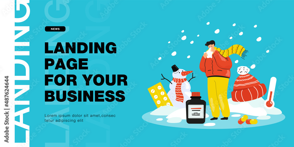 Naklejka premium Sick cartoon man in winter clothes sneezing into tissue. Male character with cold outdoors, low temperature, drugs flat vector illustration. Pharmacy, health, treatment concept for banner