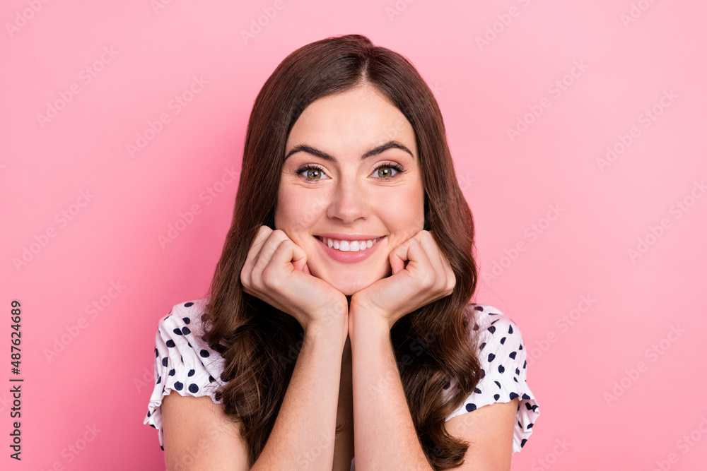 Close-up photo of cute pretty winsome lady relaxing watching you enjoy moment isolated on pink color background Close-up photo of cute pretty winsome lady relaxing watching you enjoy moment isolated on pink color background