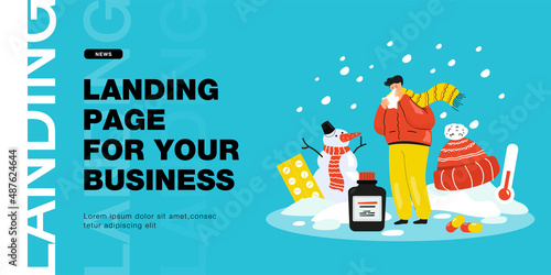 Sick cartoon man in winter clothes sneezing into tissue. Male character with cold outdoors, low temperature, drugs flat vector illustration. Pharmacy, health, treatment concept for banner