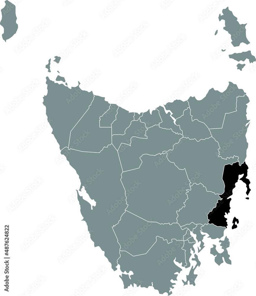 Obraz premium Black flat blank highlighted location map of the GLAMORGAN–SPRING BAY AREA inside gray administrative map of areas of the Australian state of Tasmania, Australia
