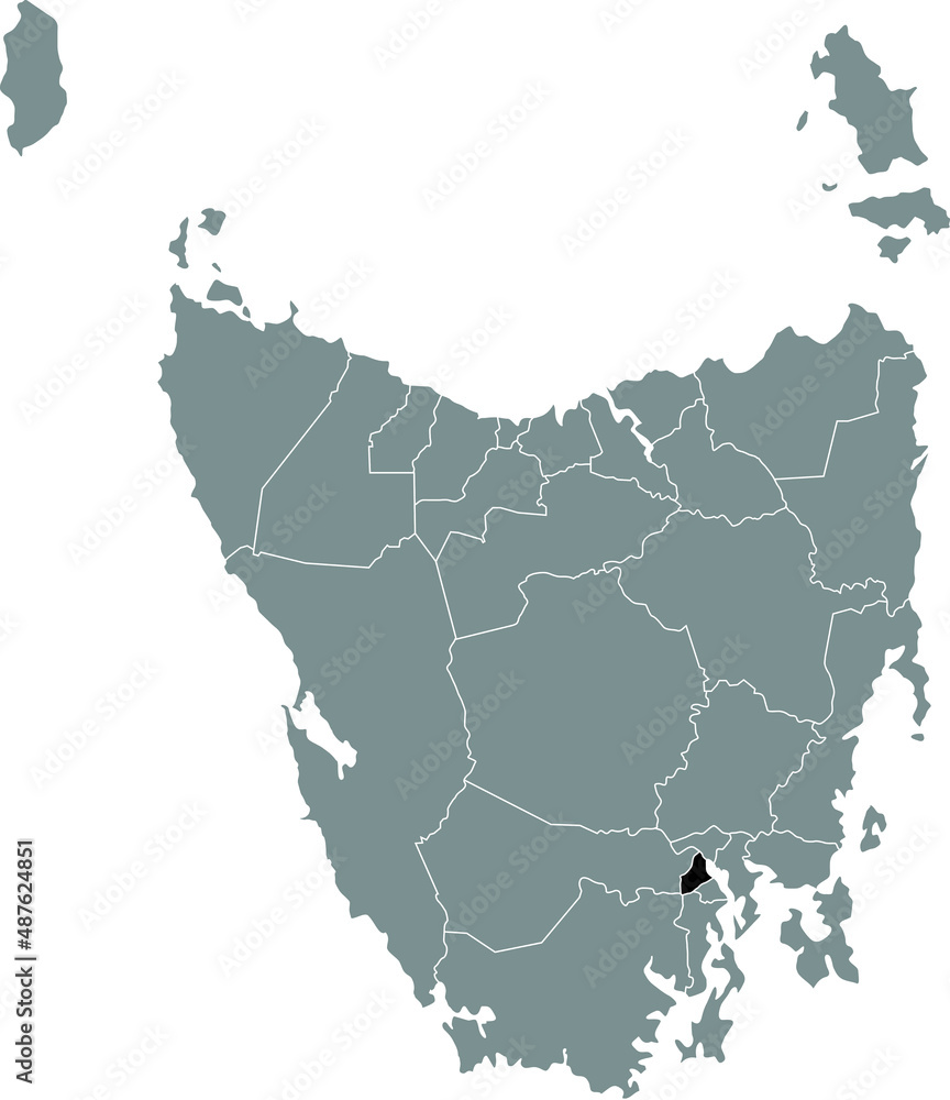 Obraz premium Black flat blank highlighted location map of the GLENORCHY AREA inside gray administrative map of areas of the Australian state of Tasmania, Australia