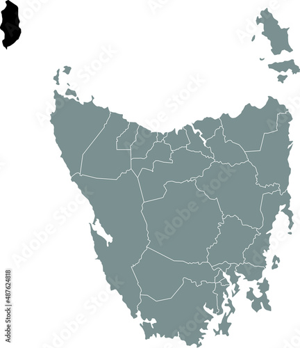 Black flat blank highlighted location map of the KING ISLAND AREA inside gray administrative map of areas of the Australian state of Tasmania, Australia