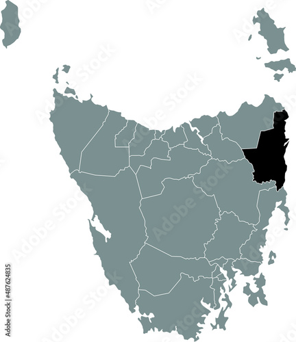 Black flat blank highlighted location map of the BREAK O'DAY AREA inside gray administrative map of areas of the Australian state of Tasmania, Australia