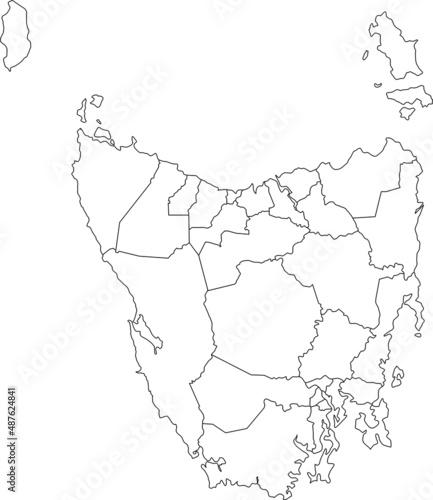 White flat blank vector administrative map of local government areas of the Australian state of TASMANIA, AUSTRALIA with black border lines of its areas