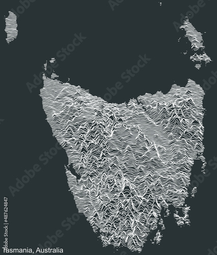 Topographic negative relief map of the Australian state of TASMANIA, AUSTRALIA with white contour lines on dark gray background