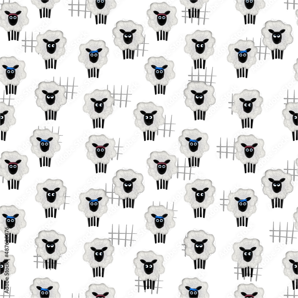 Schaf Herde mit Schleifen im Fell, Illustration Oberflächenmuster, Nahtlos Design