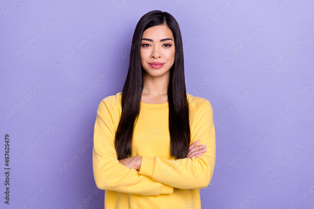 Photo of young pretty woman folded hands agent manager lawyer promoter isolated over purple color background Photo of young pretty woman folded hands agent manager lawyer promoter isolated over purple color background