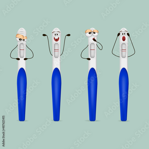 A set of pregnancy test characters with positive and negative results. Pregnancy planning and unexpected pregnancy. 3D Vector illustration.