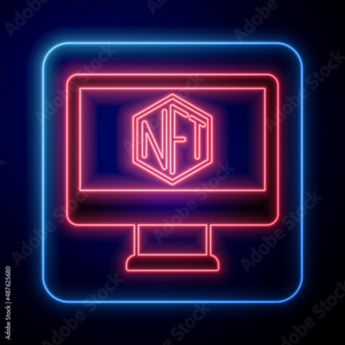 Glowing neon Monitor with art store app icon isolated on black background. Technology of selling NFT tokens for cryptocurrency. Non fungible token concept. Vector