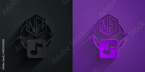 Paper cut NFT Digital crypto art icon isolated on black on purple background. Non fungible token. Paper art style. Vector