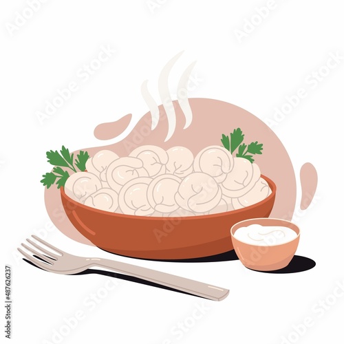 Hot dumplings bowl with fork, sour cream and parsley. Dough with meat filling, national cuisine, homemade lunch, breakfast. Traditional russian pelmeni, ukrainian vareniki concept. 