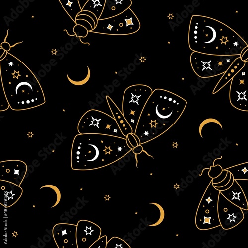 Vector seamless pattern. Celestial gold outline butterfly and moon with stars. Mystical insect luna moth, moon, stars on black background.