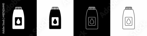 Set Canister for motor machine oil icon isolated on black and white background. Oil gallon. Oil change service and repair. Vector