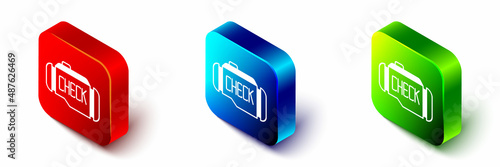 Isometric Check engine icon isolated on white background. Red, blue and green square button. Vector