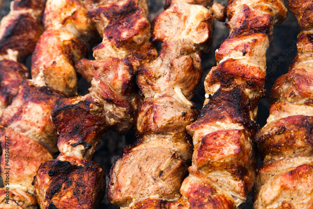 The meat is grilled on a grid over charcoal close-up.