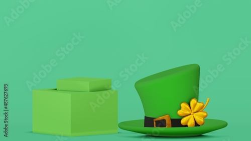 Modern green pedestal podium, Light green empty room with lucky hat and clover. Cosmetic products display presentation. Pastel room minimal scene can be used for St. Patrick`s Day. 3d render.