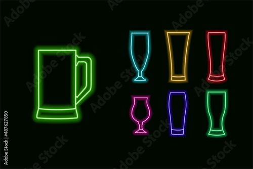 Vector illustration on the theme of neon glow. Set of different types of beer glasses in neon line style on a dark background. Neon objects for designing signboards for retail outlets, bars, pubs.