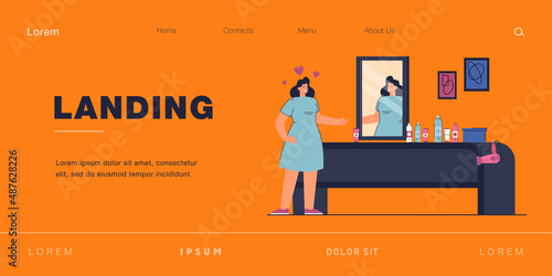 Female cartoon hairdresser looking in mirror. Woman with hairdressing equipment on table, hair salon interior flat vector illustration. Beauty services, fashion concept for banner or landing web page