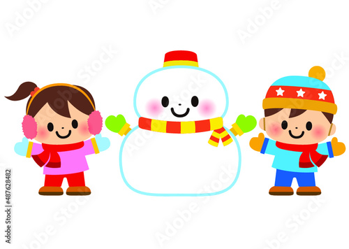 雪だるま,雪,冬,子供,１月,２月,１２月,人物,保育園,幼稚園,小学校,小学生,子供向け,イラスト,1月,2月,12月,子ども,人,雪だるま作り,子供達,幼児,園児,学生,男,女,男の子,女の子,男児,友達,仲間,クラスメイト,全身,冬休み,かわいい,長靴,ニット帽子,手袋,マフラー,耳当て,笑顔,遊ぶ,児童,寒い,楽しい,雪遊び,冬服,帽子,ゆきだるま