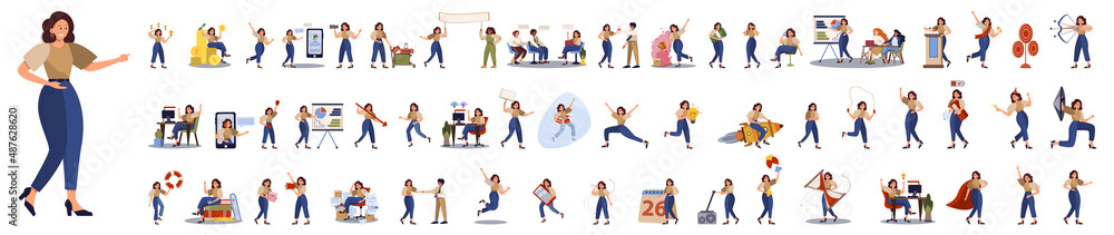 Set of business woman or office worker character with various poses,