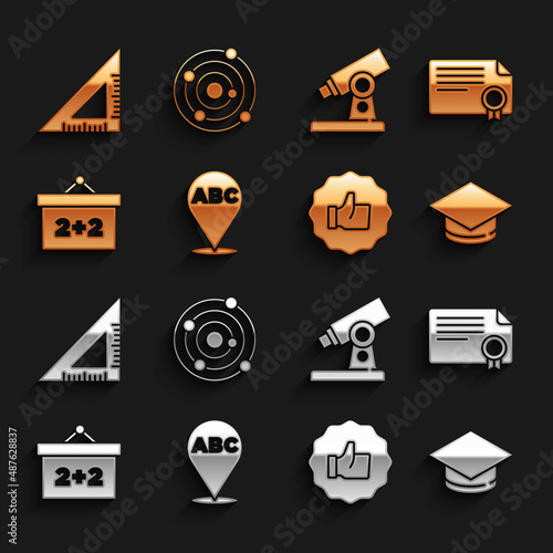 Set Alphabet, Certificate template, Graduation cap, Hand thumb up, Chalkboard, Microscope, Triangular ruler and Solar system icon. Vector