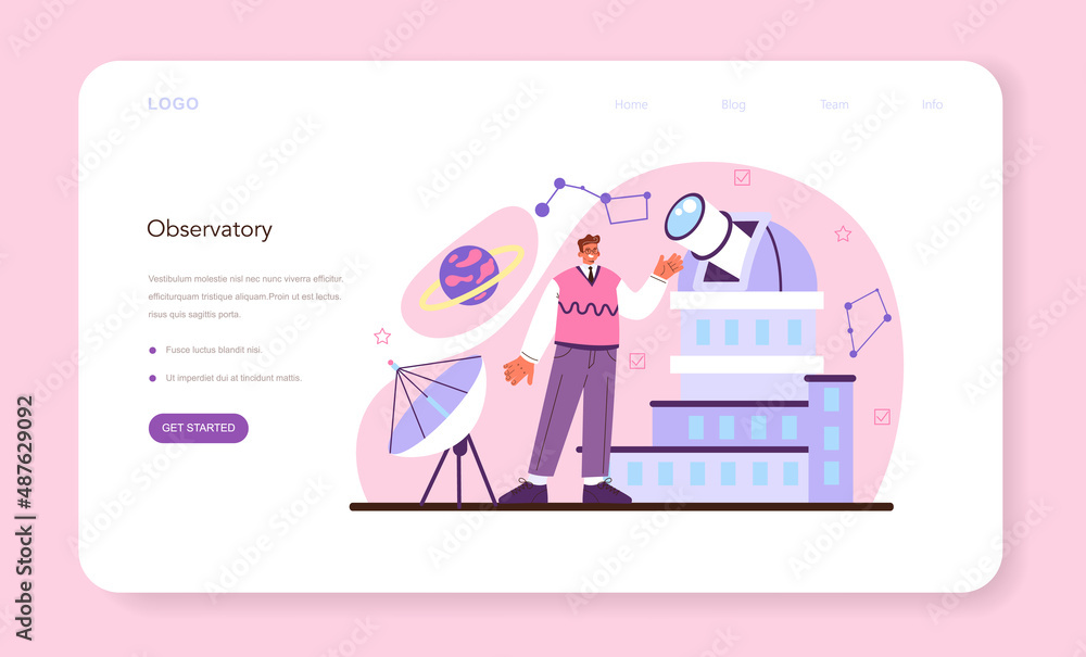 Astronomy and astronomer web banner or landing page. Professional scientist