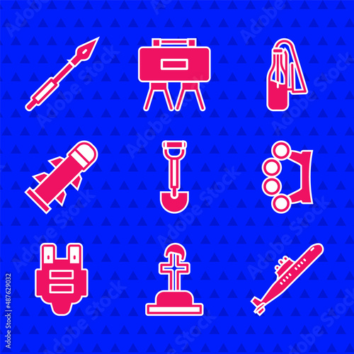 Set Sapper shovel, Soldier grave, Submarine, Brass knuckles, Bulletproof vest, Rocket, Cocktail molotov and Medieval spear icon. Vector