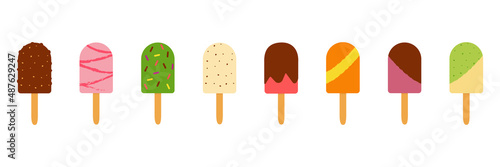 Vector clip-art eight different popsicles on a stick on a transparent background. Ice cream illustration.