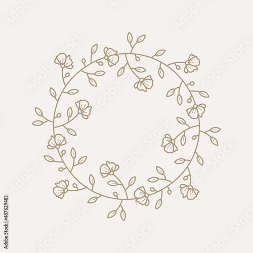 Elegant blossom floral frame. Logo template in minimal linear style with flowers. Botanical trendy vector illustration for labels, branding business identity, wedding invitation