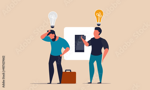 Switch business and light bulb solution success. Innovation brainstorm and light lamp control vector illustration concept. Imagination businessman and discovery idea connection vision technology