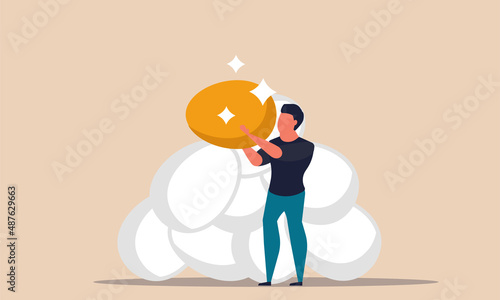 Gold egg money with man and business capital budget. Value increase wealth and luck growth profit vector illustration concept. Investment to cost economy and golden revenue. Finance opportunity