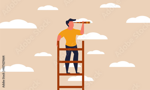 Future high ladder with forward man on sky. Work staircase growth and journey achievement vector illustration concept. Dream career aim and employee visionary. People or person looking way progress