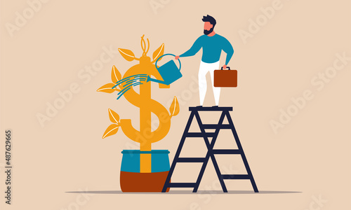Growth gold sprout tree and watering seedling wealth. Golden revenue and business capital budget vector illustration concept. Entrepreneurship investor saving income earning and profit development