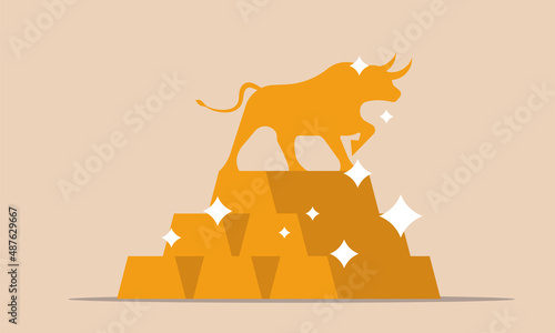 Financial gold bull and positive investment to trading price. Business force to currency money vector illustration concept. Coin treasure and speculation golden capital. Bullion bar and profit market