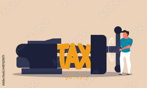 Tax reduce and loss money. Business reduction and recession dollar with economy investment vector illustration concept. Taxation lower after crisis and clamping cost price. Finance income less