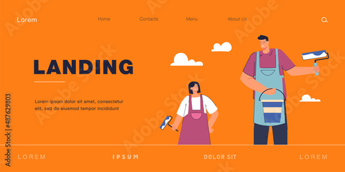 Cartoon father and daughter holding paint rollers and bucket. Man and girl getting ready to paint walls flat vector illustration. Family, renovation concept for banner, website design or landing page