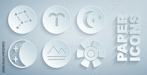 Set Earth element, Moon and stars, Eclipse of the sun, Sun, Aries zodiac and Great Bear constellation icon. Vector