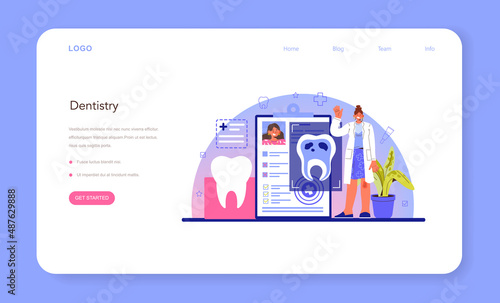 Dentist web banner or landing page. Dental doctor in uniform treating