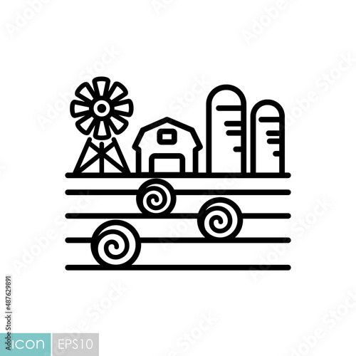 Farm landscape with barn, haystack and granary