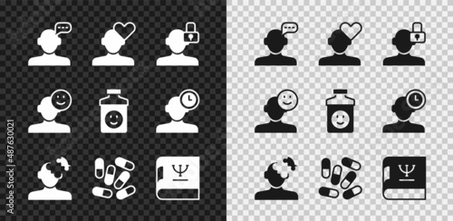 Set Online psychological counseling, Broken heart or divorce, Closed personality, Solution problem psychology, Medicine pill tablet, Psychology book, Good mood and Antidepressants icon. Vector