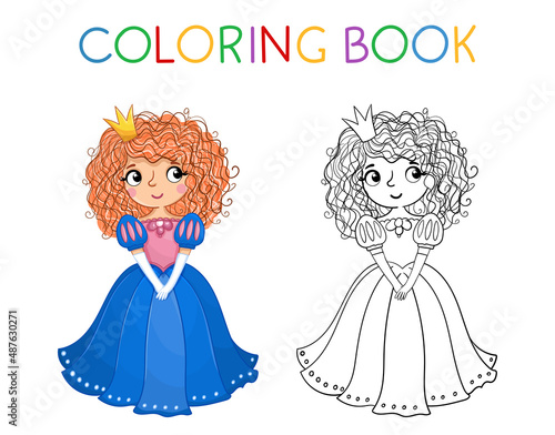 Coloring book for children. Cute little girl and princess in a beautiful dress. Vector illustration in a cartoon style