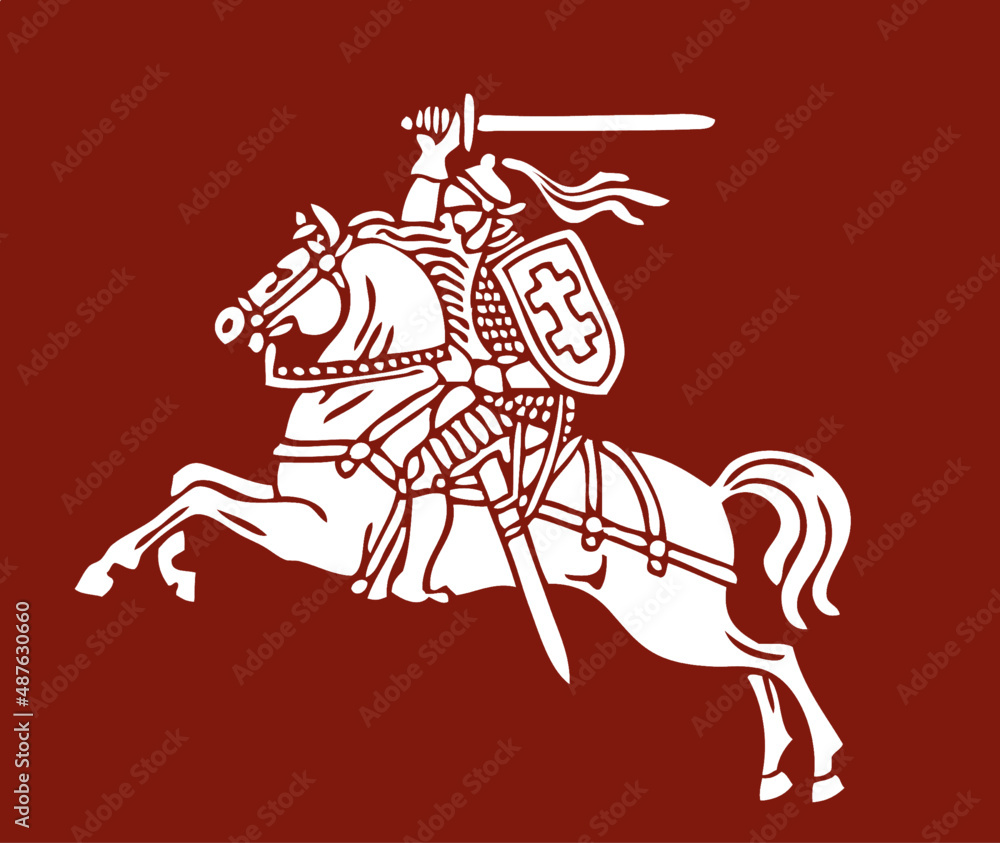 Vytis Lithuania symbol an armored rider on a horse, holding sword raised above his head in his right hand. Shield with a double cross hangs next to the rider's left shoulder. - obrazy, fototapety, plakaty 