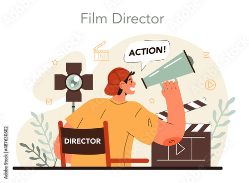 Film director concept. Movie maker leading a filming process. Clapper