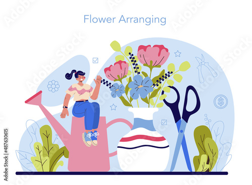 Florist concept. Floral designer making or arranging bouquet for