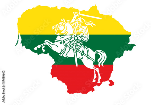 Vytis Lithuania symbol an armored rider on a horse, holding a sword raised above his head in his right hand. A shield with a double cross hangs next to the rider's left shoulder. Lithuania map, flag.