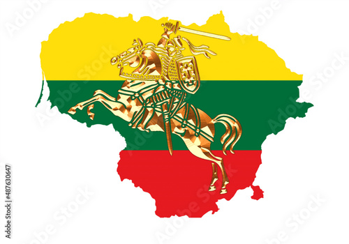 Vytis Lithuania symbol an armored rider on a horse, holding a sword raised above his head in his right hand. A shield with a double cross hangs next to the rider's left shoulder. Lithuania map, flag.