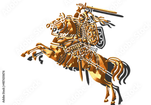 Vytis Lithuania symbol an armored rider on a horse, holding sword raised above his head in his right hand. Shield with a double cross hangs next to the rider's left shoulder. Golden color, rider horse