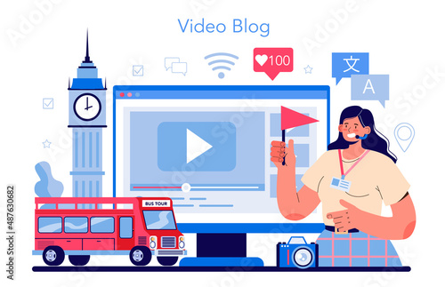 Tour vacation guide online service or platform. Tourists listening