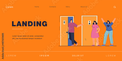 Comparison of queues for women and men in public toilets. Flat vector illustration. Man walking into empty men room while queue waiting for women toilet. Waiting, queue, time, hygiene, need concept