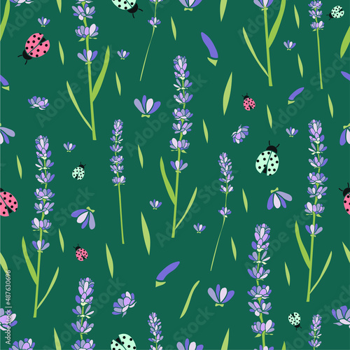 Lavander and leadybug floral textil pattern design